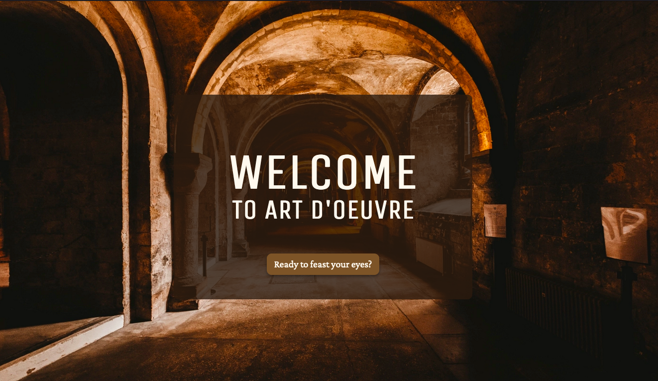 Landing page featuring stone corridor background, app name and a button.
