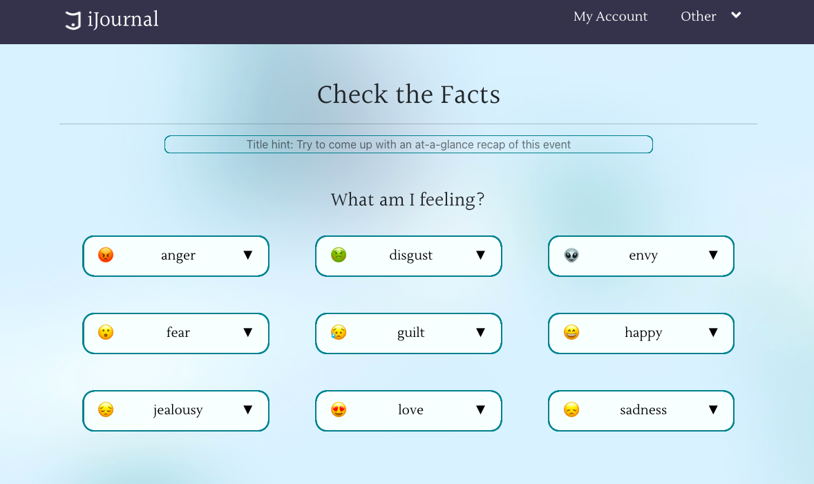 Guided journal page featuring buttons to identify and select user's emotions.