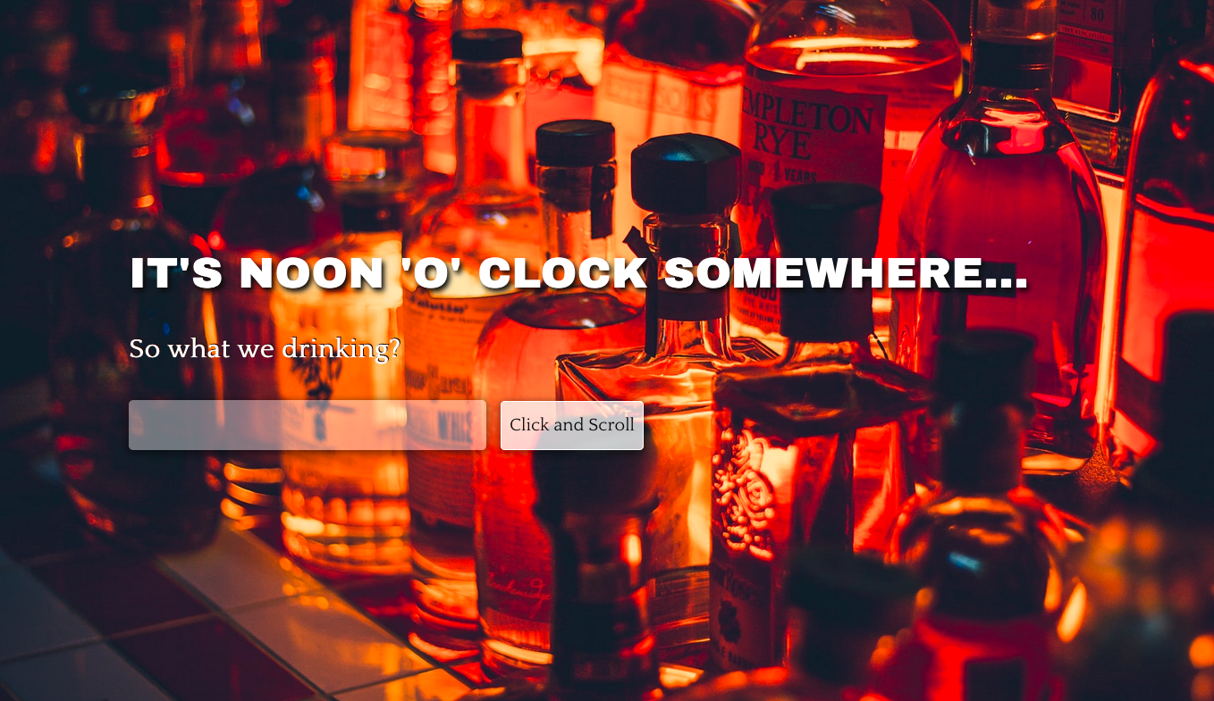 Landing page featuring a bar full of bottles bathed in soft red light, white text and a search bar.