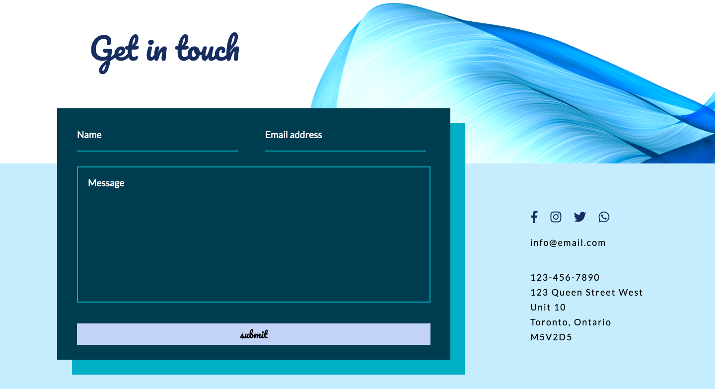 Contact page in various shades of blue featuring an emil form.